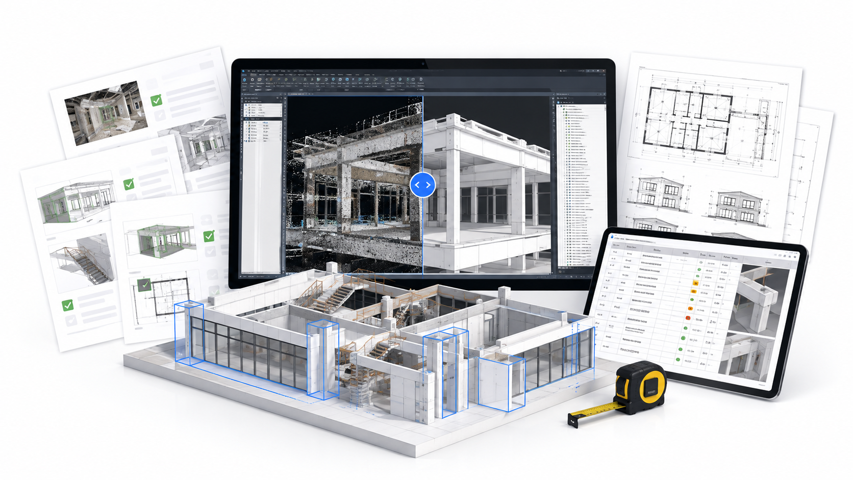 QA/QC workflow preview with a point-cloud and model comparison, inspection checklist, model, and architectural plans