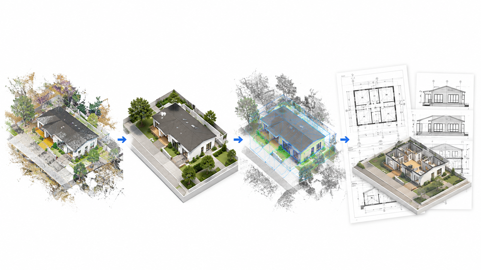 Illustrative capstone progression from point cloud through Revit model and verification to architectural drawings